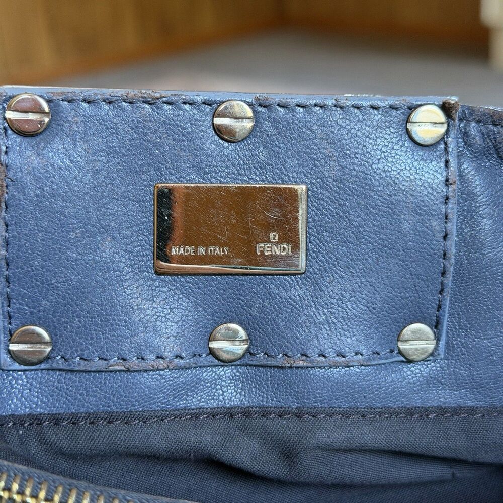 FENDI Crinkled Lambskin Mia Tote Blue Gray Leather Shoulder Handbag Authentic - Picture 16 of 16